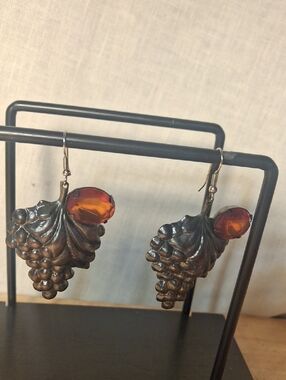 Grape Cluster Dangle Earrings with Red Gem